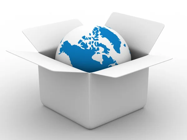Offene Schachtel mit Globus auf weißem Hintergrund. — Stockfoto
