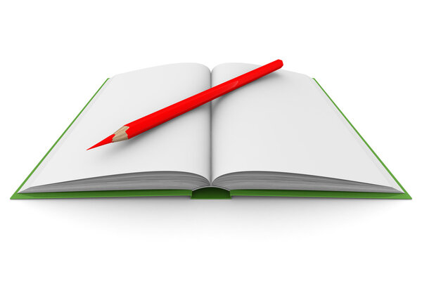 Открытие книги и карандаша
