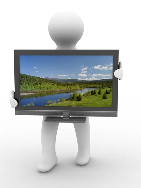 Fernseher und Mann auf weißem Hintergrund. isoliert — Stockfoto