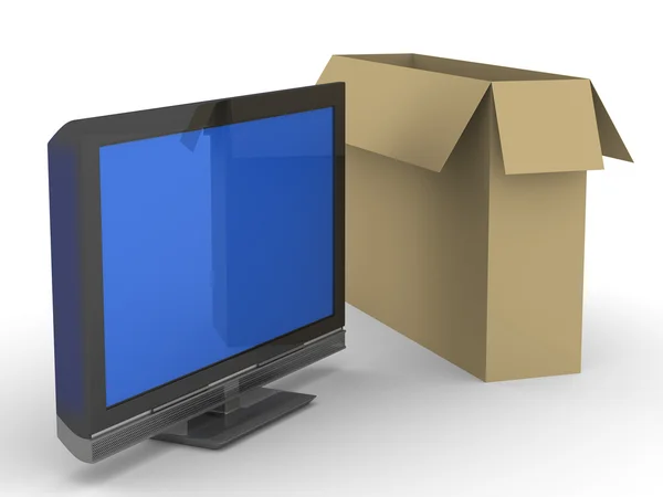 TV and box on white background. Isolated — Stock Photo, Image