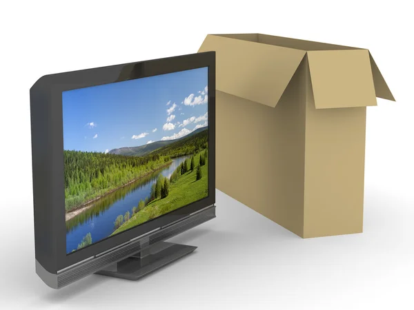 TV e caixa no fundo branco. Isolados — Fotografia de Stock