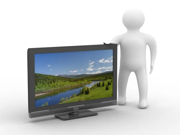 TV and man on white background. Isolated — Stock Photo, Image