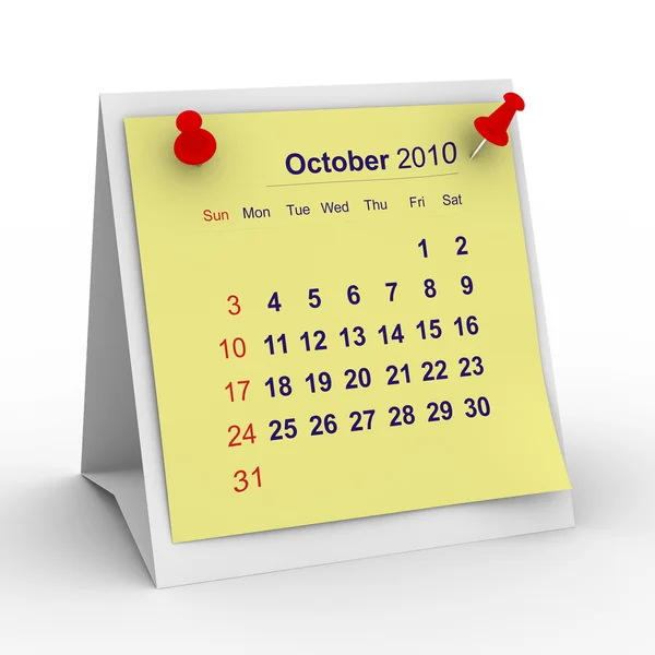 Kalendář pro rok 2010. října. izolované 3d — Stock fotografie