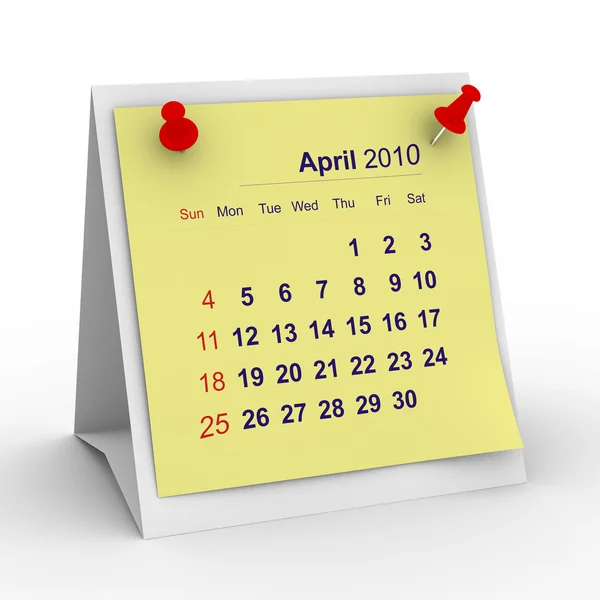2010 year calendar. April. Isolated 3D — Stock Photo, Image