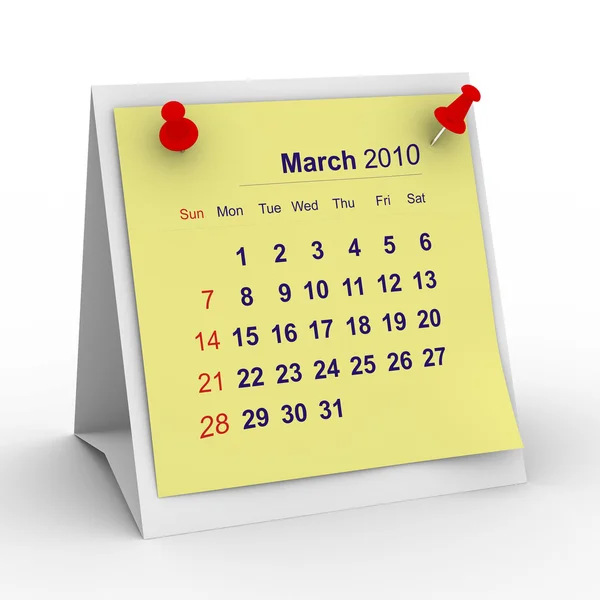 Kalendarz na 2010 rok. marca. na białym tle 3d — Zdjęcie stockowe
