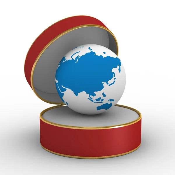 Red gift box with globe. Isolated 3D — Stock Photo, Image