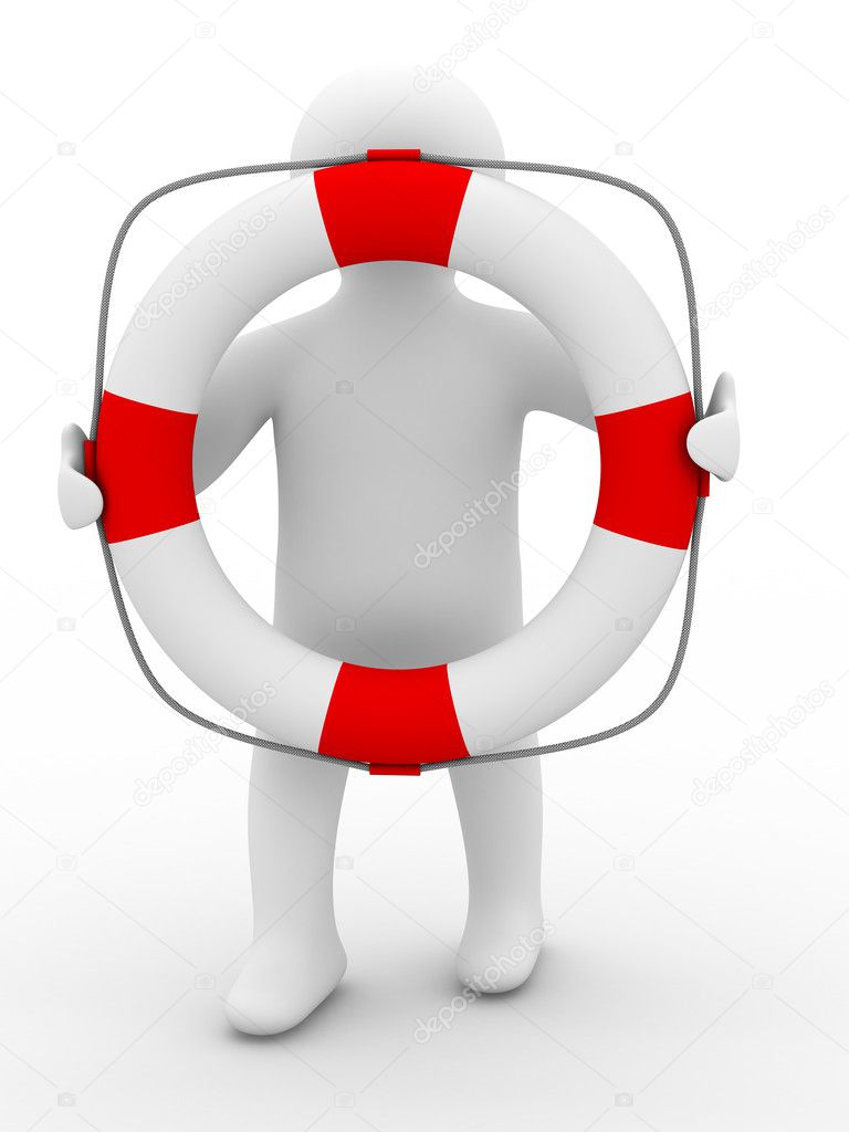 Rescuer with lifebuoy ring on white