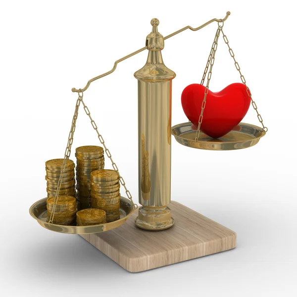 Corazón y dinero para balanzas. 3D aislado —  Fotos de Stock
