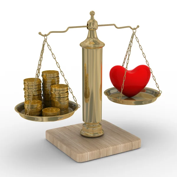 Сердце и деньги на весы. Изолированный 3D — стоковое фото