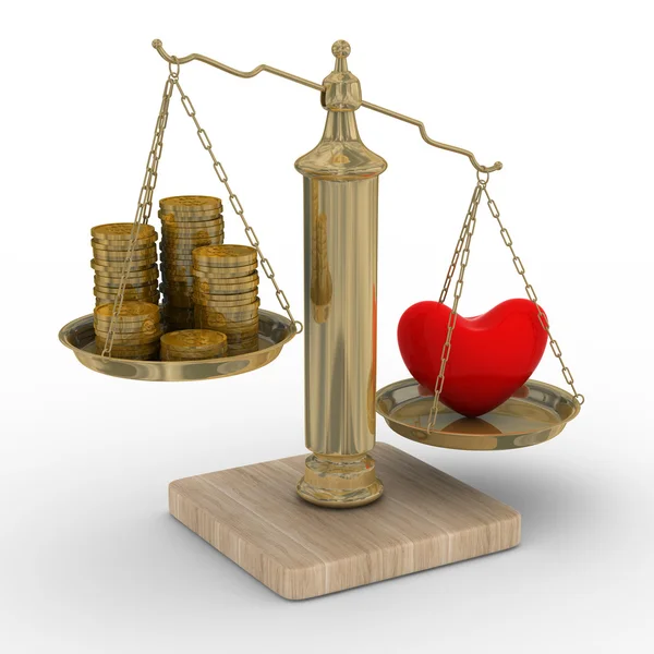 Coração e dinheiro para balanças. Isolado 3D — Fotografia de Stock