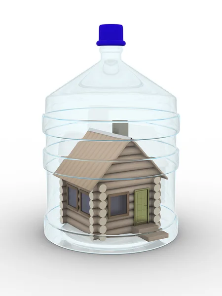 Houten huisje in een glazen fles — Stockfoto