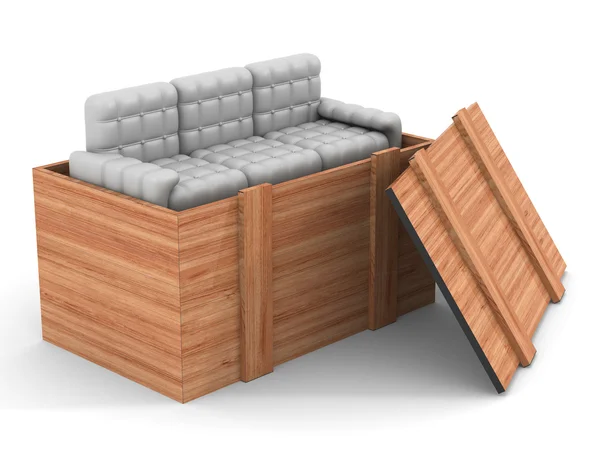 Sofá de couro em uma caixa aberta. Imagem 3D . — Fotografia de Stock