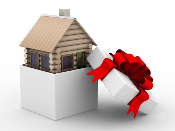 Casa en una caja de regalo. Imagen 3D aislada — Foto de Stock