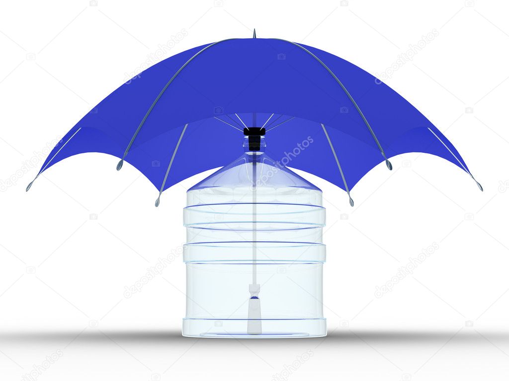 Glass bottle under a umbrella. Isolated
