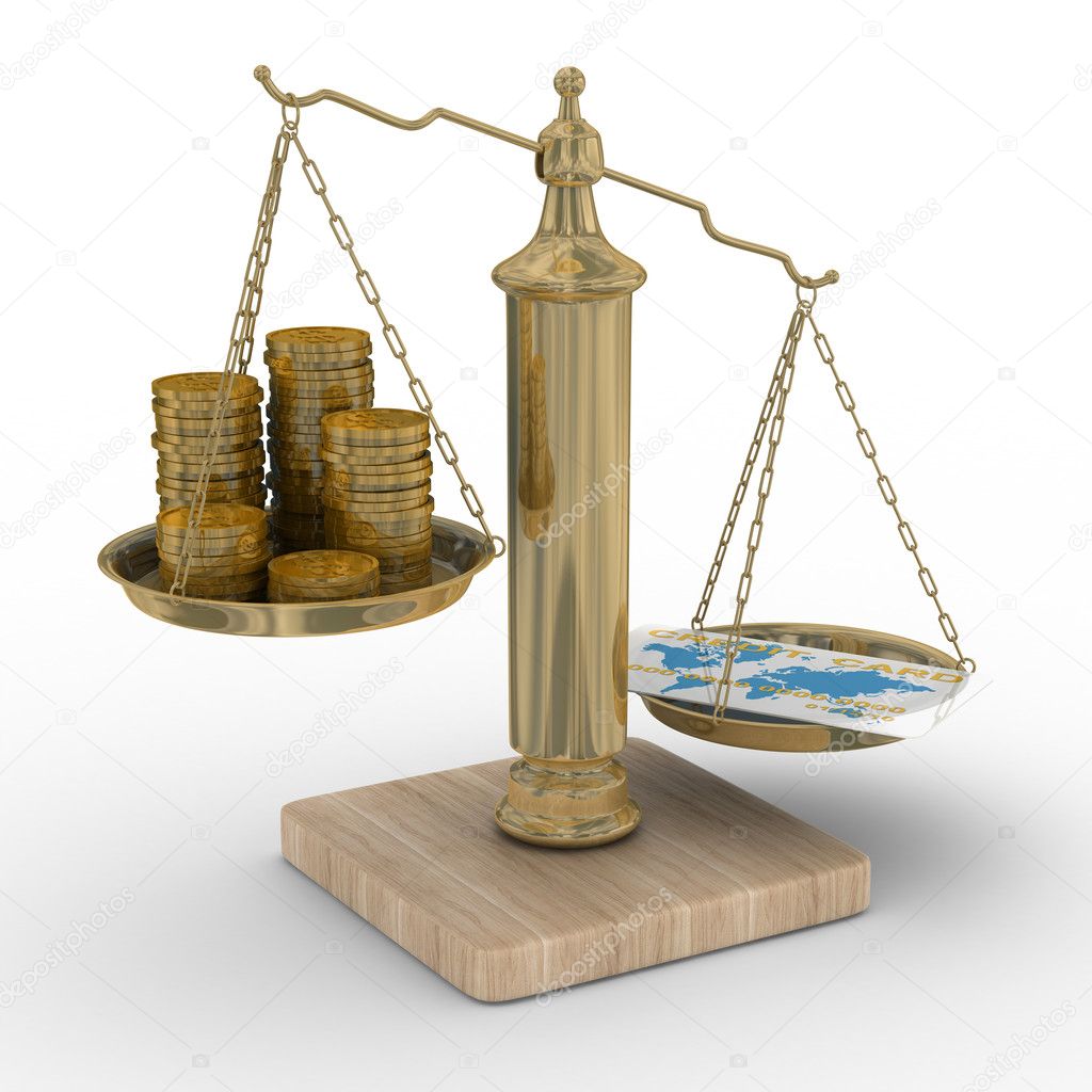 Credit card and coins on scales.