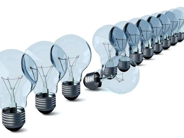 Fila di lampadine elettriche su un bianco — Foto Stock