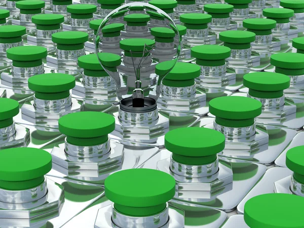 Zielony przyciski i jedna żarówka. obraz 3D — Zdjęcie stockowe