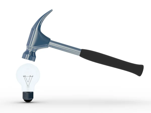 Hammer in Glühbirne. isoliertes 3D-Bild — Stockfoto