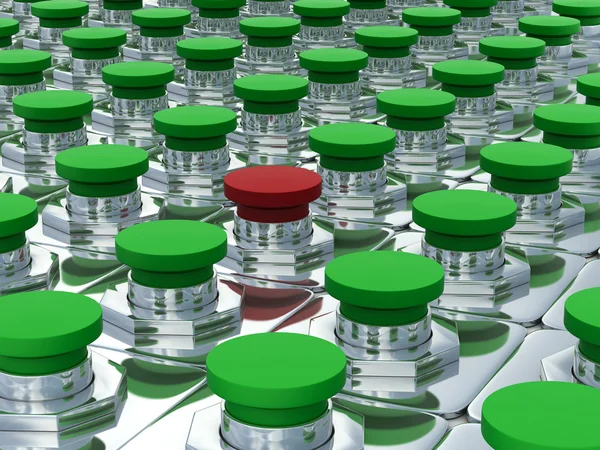 Botões verdes e um vermelho. Imagem 3D — Fotografia de Stock