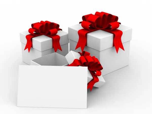 Beyaz hediye kutusu ile bir kart. 3D görüntü — Stok fotoğraf