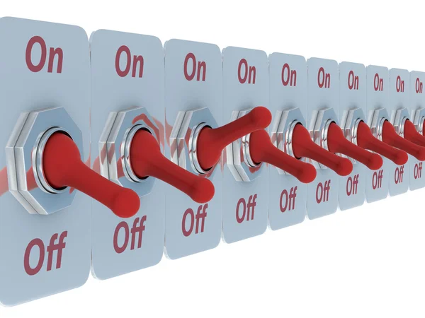 Row interruptor vermelho em um fundo branco. 3D — Fotografia de Stock