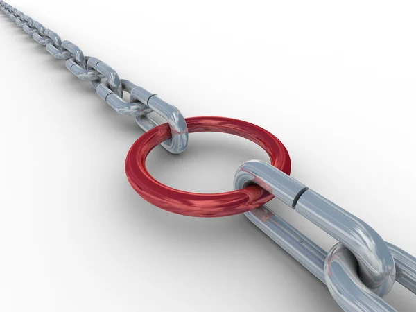 Kırmızı bir halka ile tutturulmuş bir zincir. 3D görüntü. — Stok fotoğraf