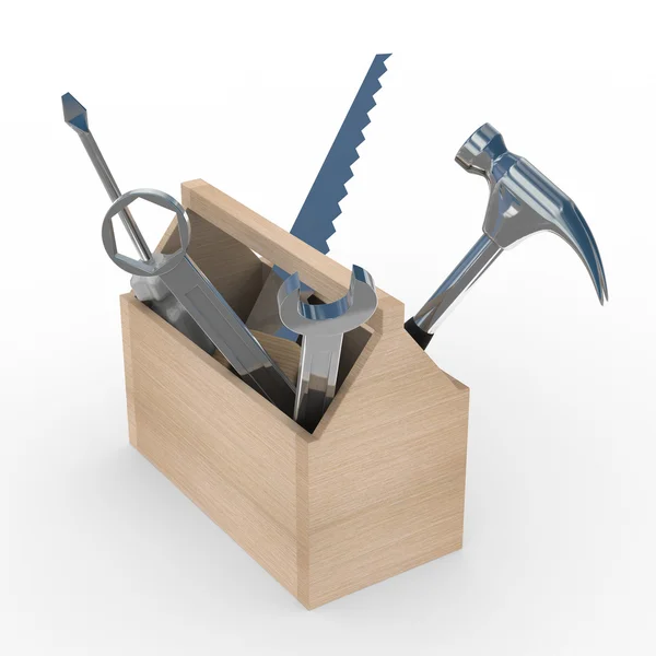 도구와 나무 상자입니다. 고립 된 3d 이미지 — 스톡 사진