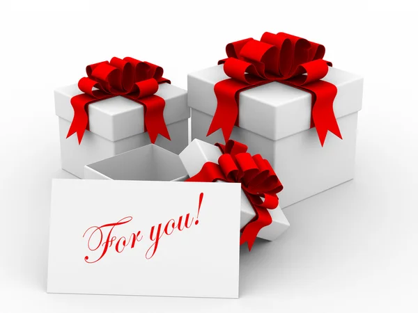 Witte geschenkdozen met een kaart. 3D-beeld — Stockfoto