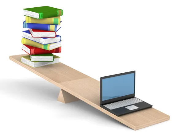 Books and laptop on scales. Isolated 3D — Stock Photo, Image