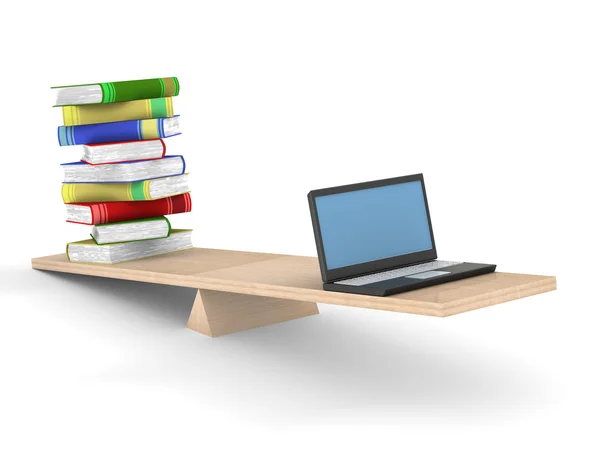 Livros e laptop em balanças. Isolado 3D — Fotografia de Stock
