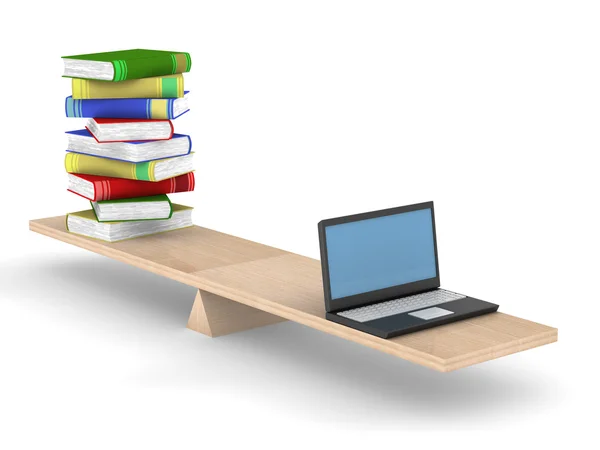Könyvek és a laptop a mérleg. elszigetelt 3d — Stock Fotó