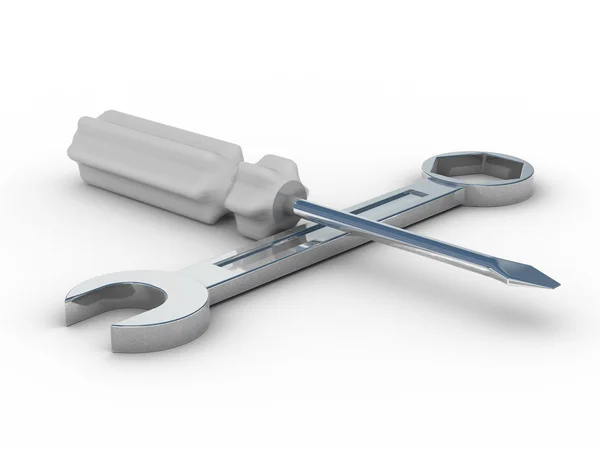 Schraubenschlüssel und Schraubenzieher auf weiß — Stockfoto