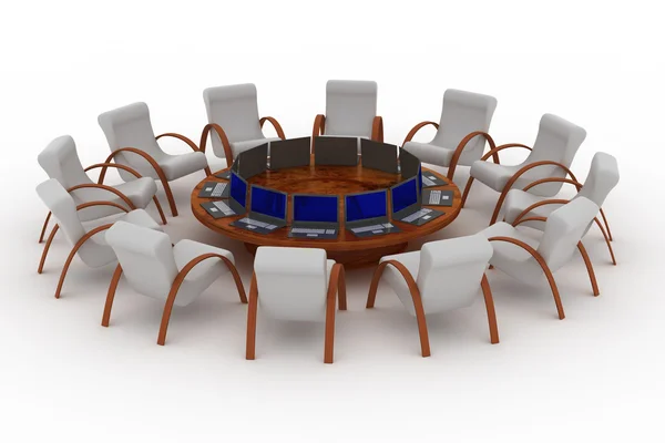 Twelve workplaces behind a round table. — Stock Photo, Image