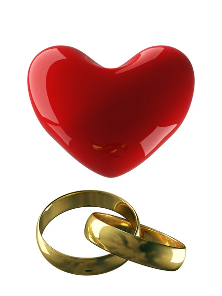 Heart with wedding rings on a white — Stock Photo, Image