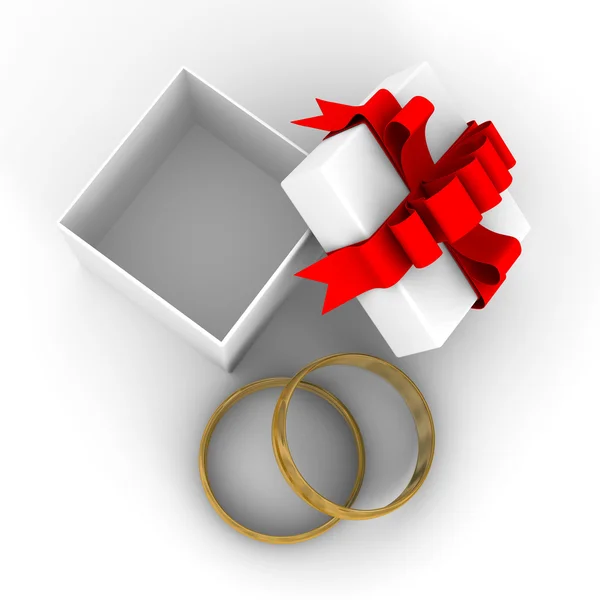 Caixa de presente branca com anéis. Imagem 3D — Fotografia de Stock