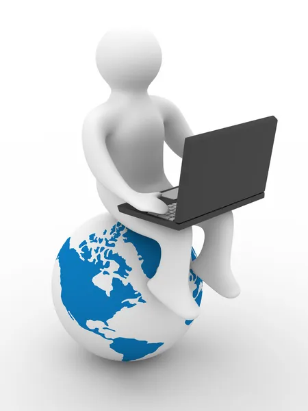 Student with the laptop sitting on globe — Stock Photo, Image