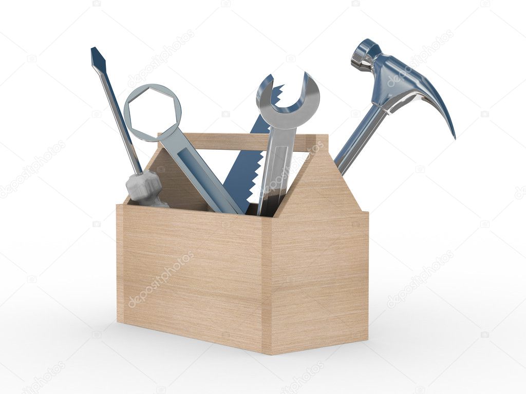 Wooden box with tools. Isolated 3D image