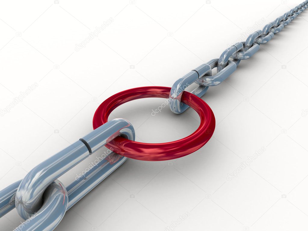 Chain fastened by a red ring. 3D image.