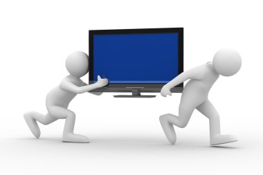 Two man carry TV. Isolated 3D image clipart