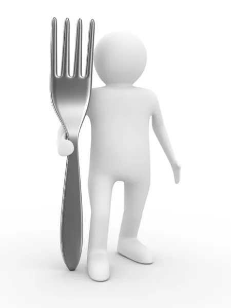 Man met vork op witte achtergrond — Stockfoto