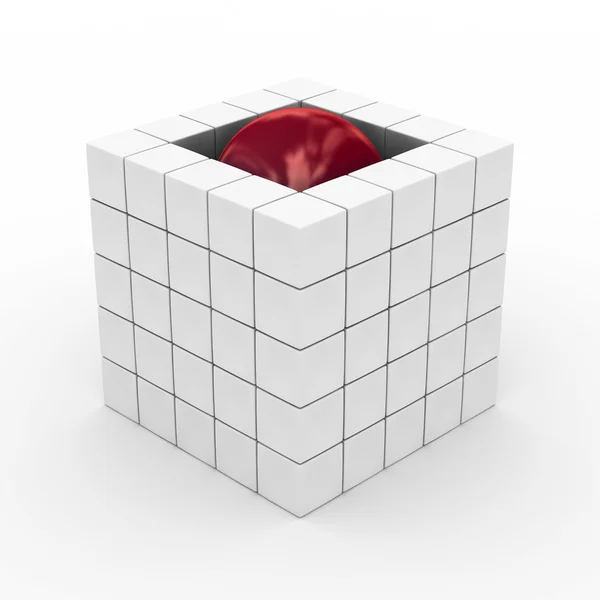 Cubo con sfera su sfondo bianco — Foto Stock