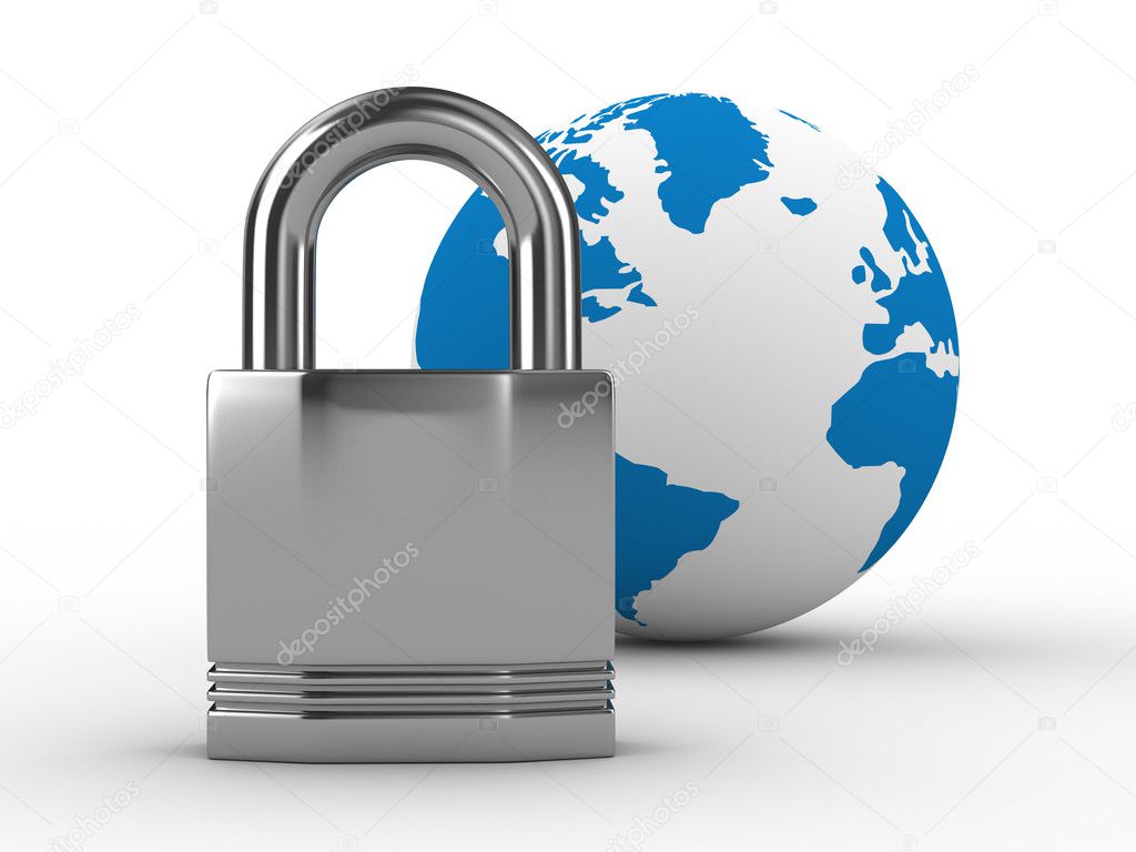 Lock and globe on white background