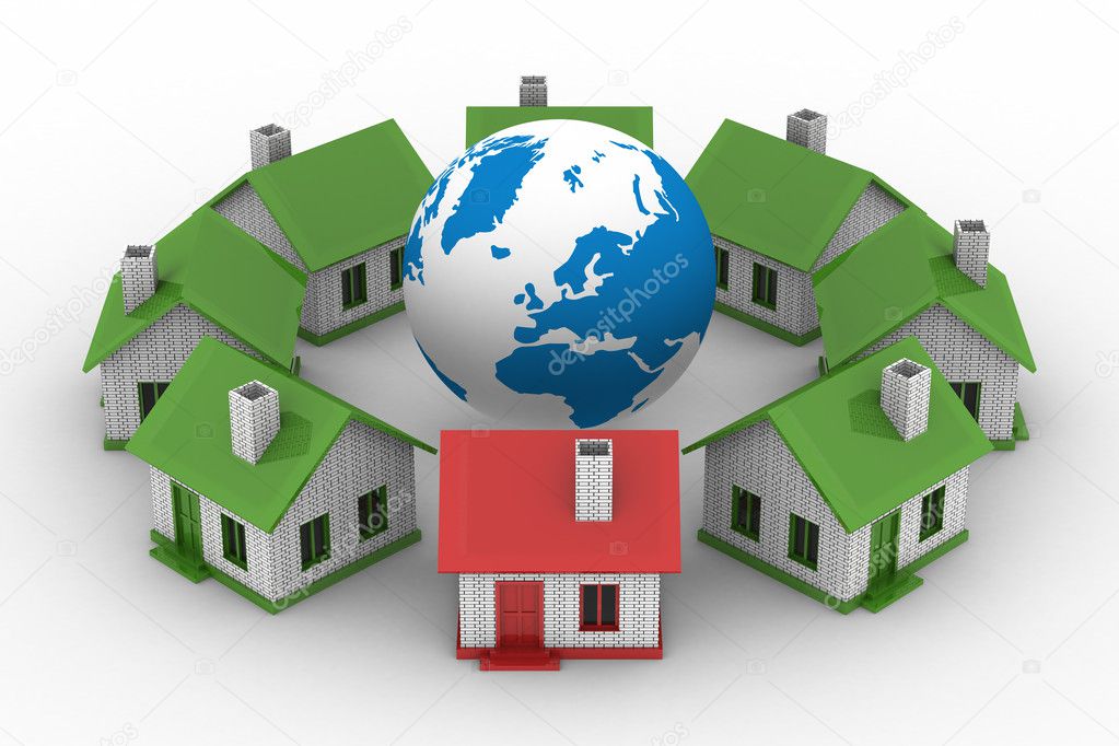 Houses standing around globe