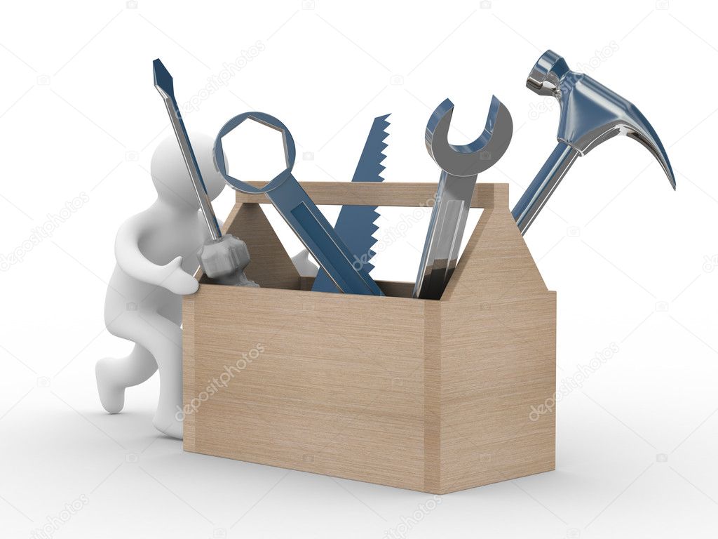 Repairman with the tool on a white