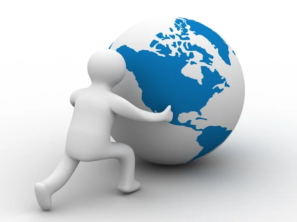 Man rolls the globe on a white — Stock Photo, Image