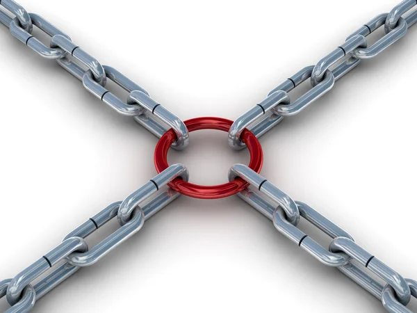 Chain fastened by a red ring. 3D image. — Stock Photo, Image