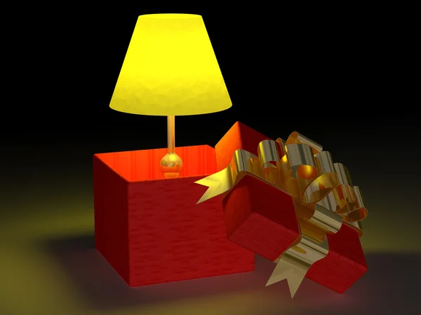 Ragyogott a lámpa egy ajándék doboz. 3D-s kép — Stock Fotó