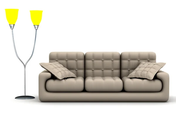 Lámpara de pie y sofá en un blanco — Foto de Stock