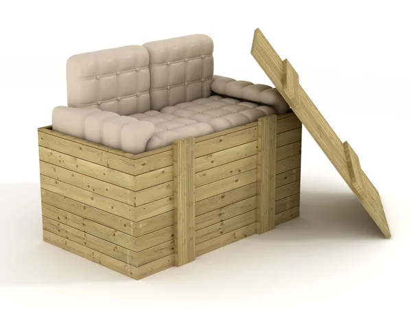 Sofá de couro em uma caixa aberta — Fotografia de Stock