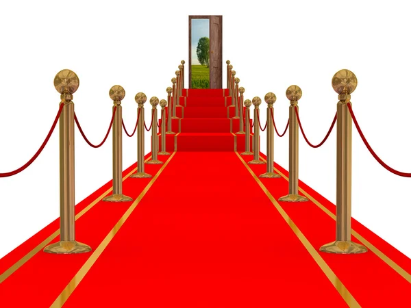 Kırmızı halı yolda bir merdiven. 3D görüntü. — Stok fotoğraf